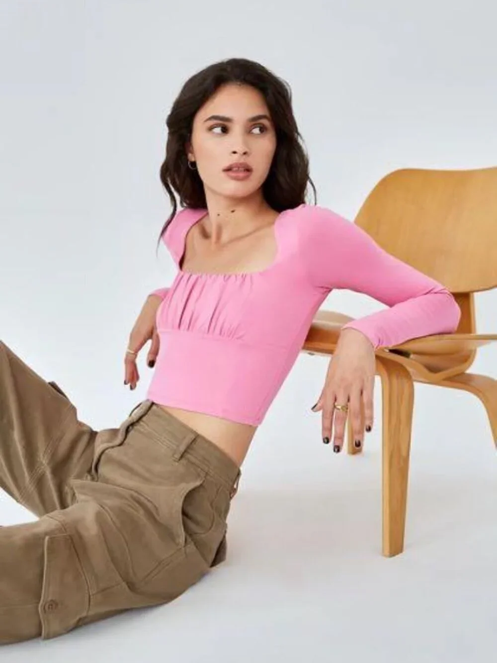 Aritzia WILFRED FREE Orbit Brown Jersey Ruched Long Sleeve Cropped Top, Size S - Picture 12 of 13